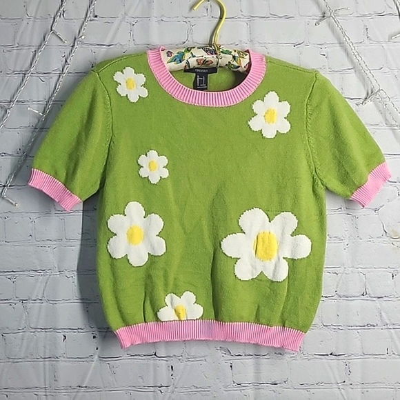 Forever 21 Vintage Inspired Springtime Daisy Floral Sweater Knit Top Womens Sz L - Picture 6 of 16